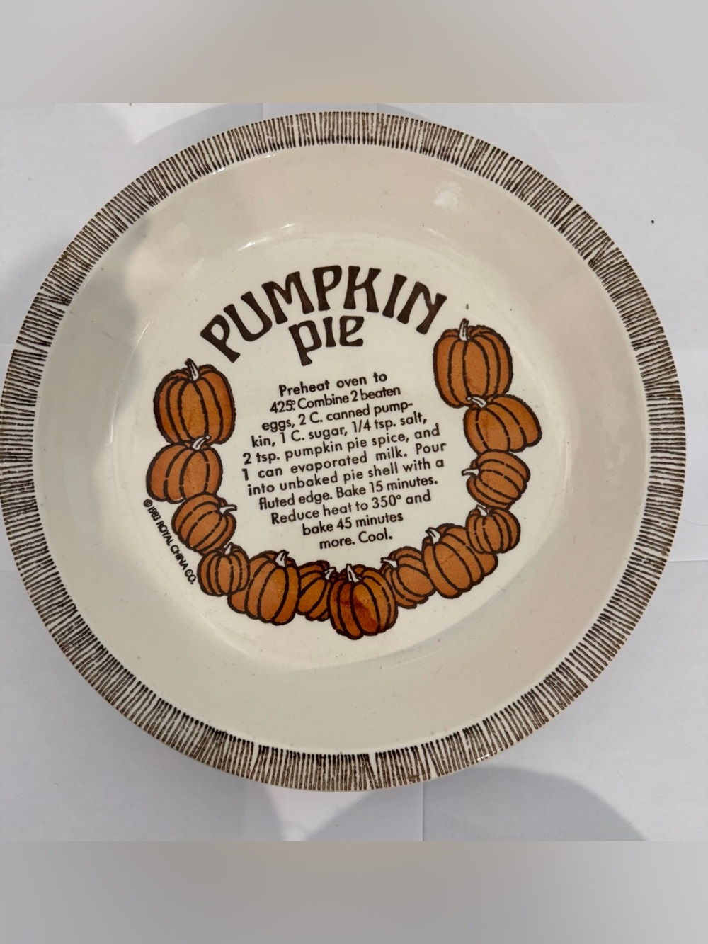Vintage Royal China by Jeannette Country Harvest Pumpkin Pie Pan Plate w/ Recipe
